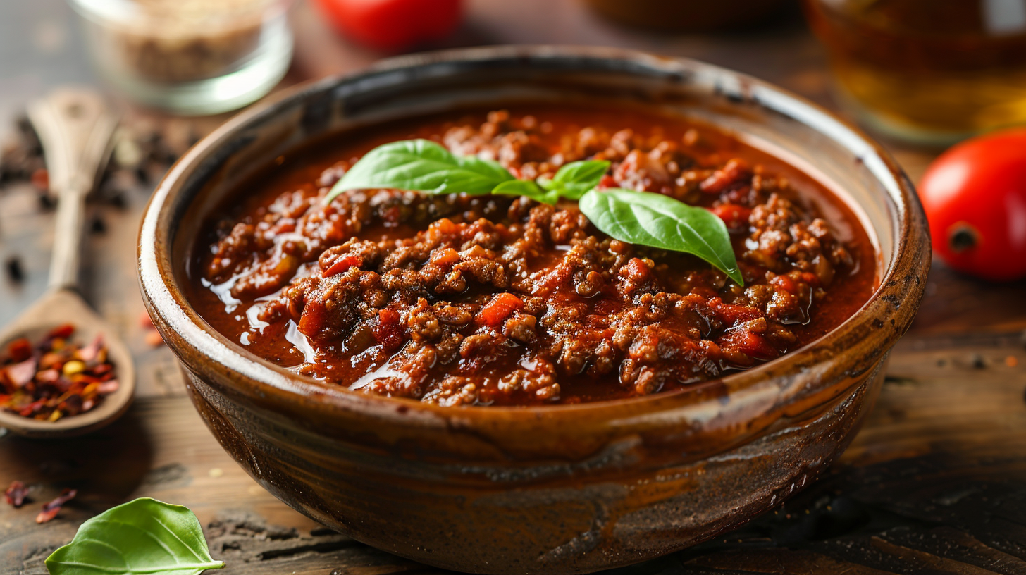 This traditional Bolognese Sauce is made using a combination of ground beef and pork, with pancetta, onions, tomatoes, and wine. Simmered for about 4 hours to concentrate all the flavors. Perfect over spaghetti or lasagna.