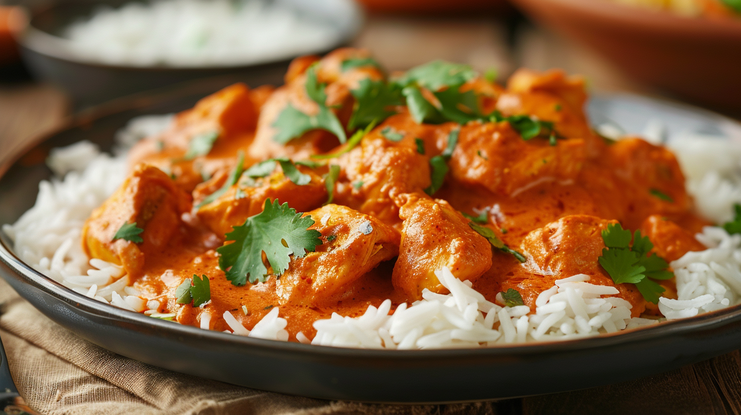 A rich and creamy Indian dish with tender chicken in a spicy tomato and butter cream sauce.