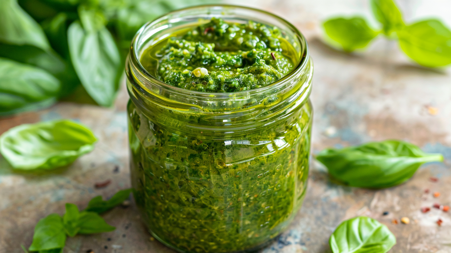 A delicious and easy homemade pesto sauce made with fresh basil, pine nuts, olive oil, and Parmesan cheese. Perfect for pasta, sandwiches, pizza, and more.
