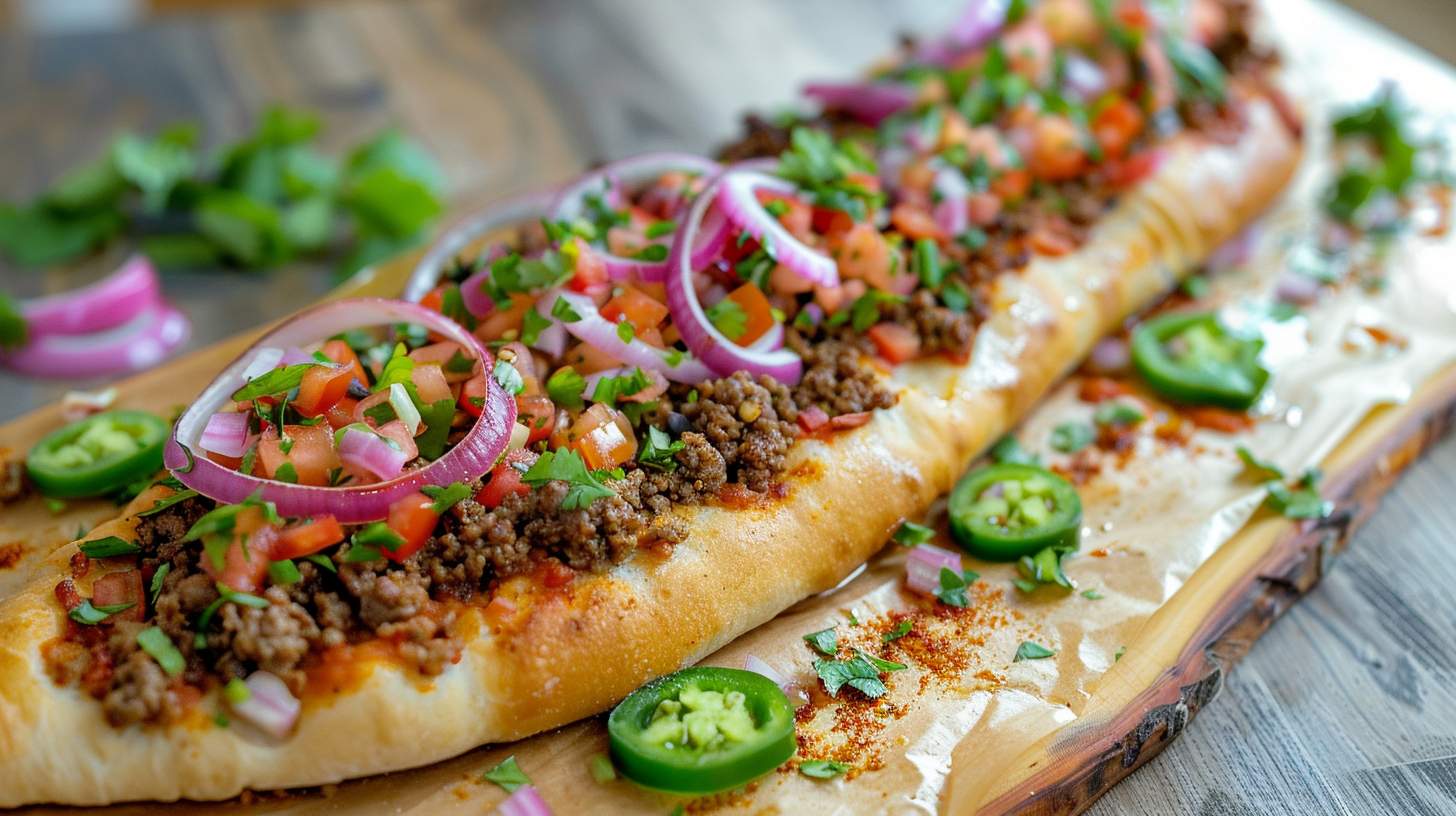 A delicious fusion of Turkish pide with Mexican-inspired toppings including ground beef, diced tomatoes, pickled red onions, and pickled jalapeños.