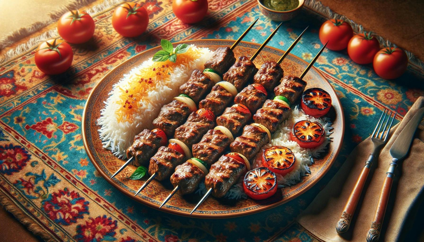 Kabob Koobideh is a popular Persian kebab made with ground lamb or beef and seasoned with onions, garlic, and spices, served with flatbreads.