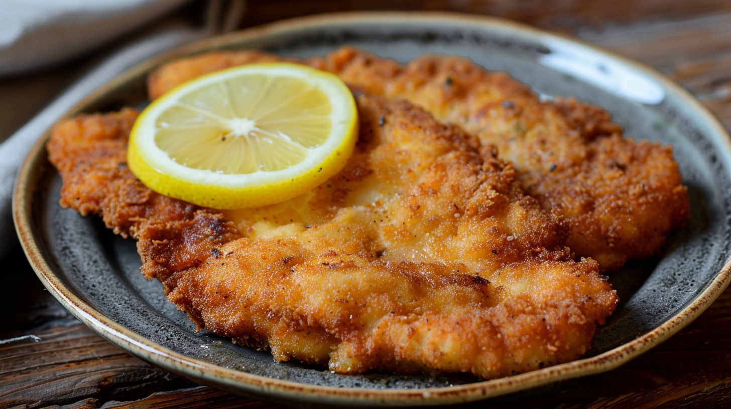Pork Schnitzel is a tasty and crispy German dish, made of pork, breadcrumbs, and various herbs and spices. It's typically served with some kind of potatoes and coleslaw or salad on the side.