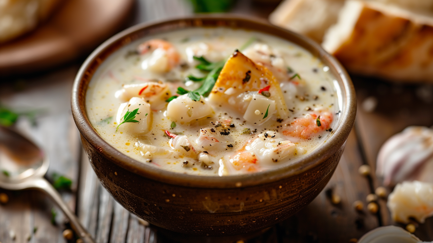 This is a delicious seafood chowder recipe that includes a variety of seafood like shrimp, clams, and crab meat, cooked with potatoes, onions, and a creamy broth. It's heartwarming and perfect for dinner.