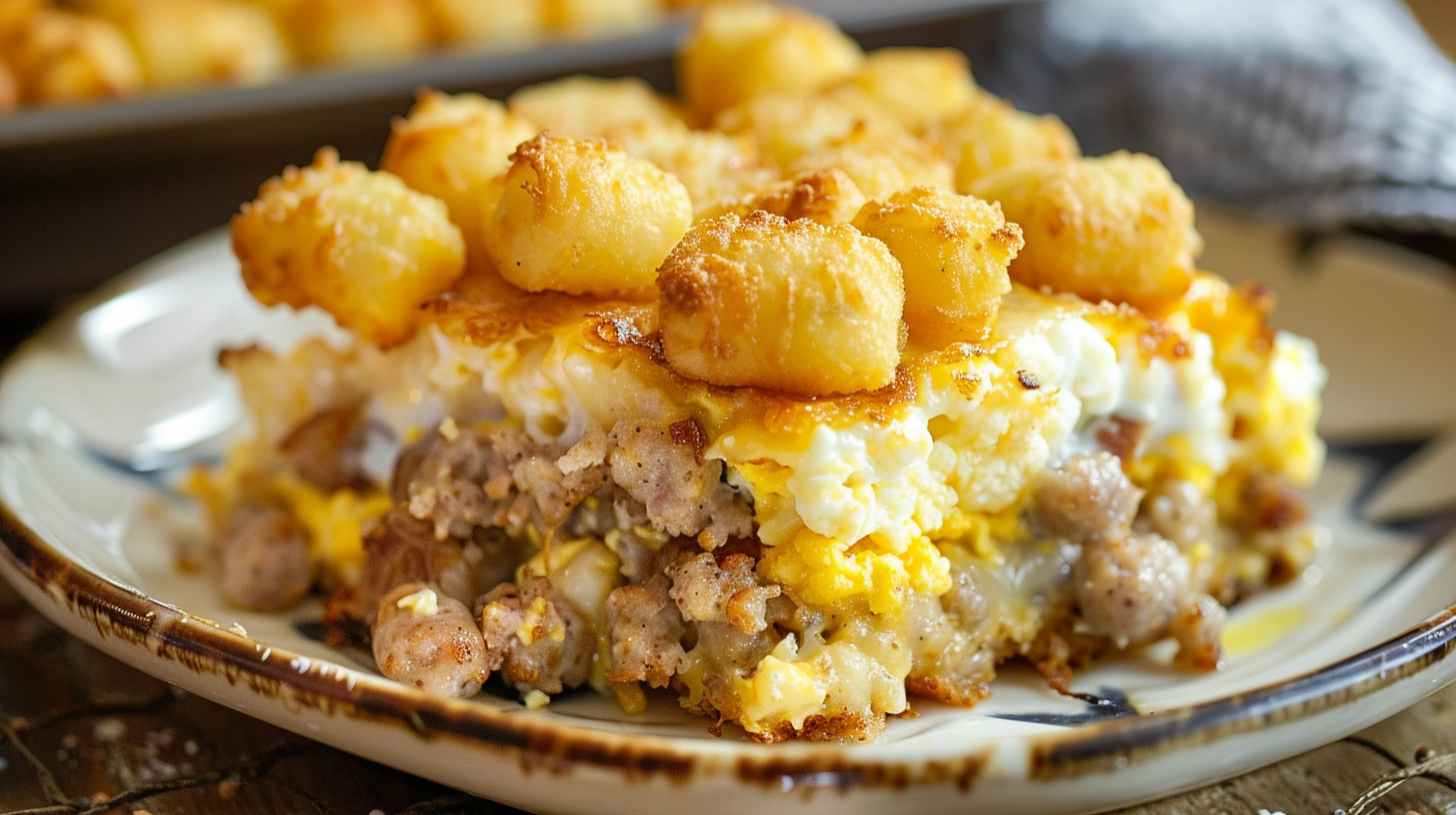 This tater tot breakfast casserole is easy to throw together and delicious for any meal of the day, perfect for breakfast or brunch!