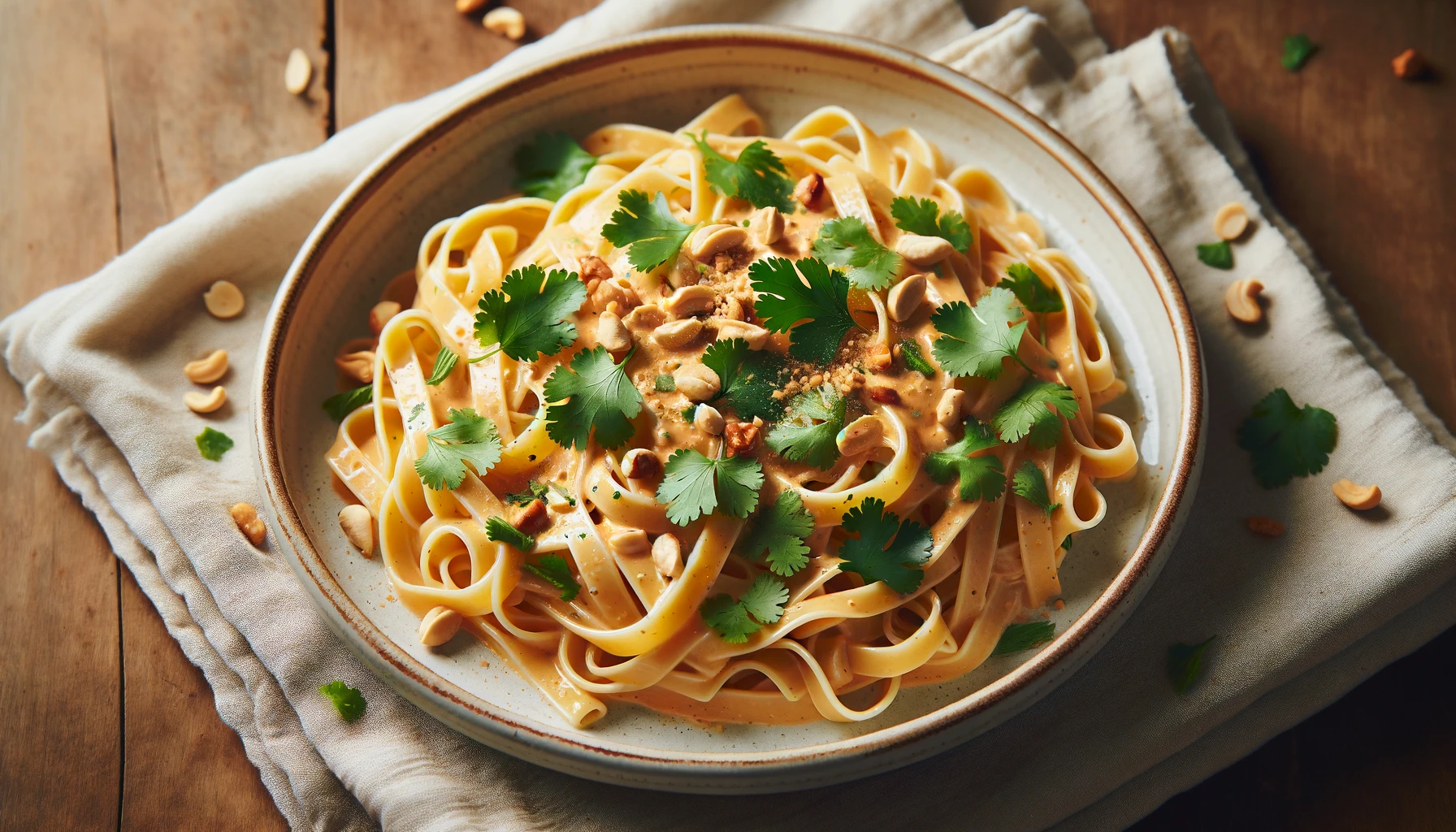 This fusion recipe combines Thai flavors with the classic Alfredo dish. The creaminess of the Alfredo sauce works wonderfully with the pad Thai sauce garnished with peanuts and cilantro. This is a simple and easy dish packed with flavors that the whole family will enjoy.