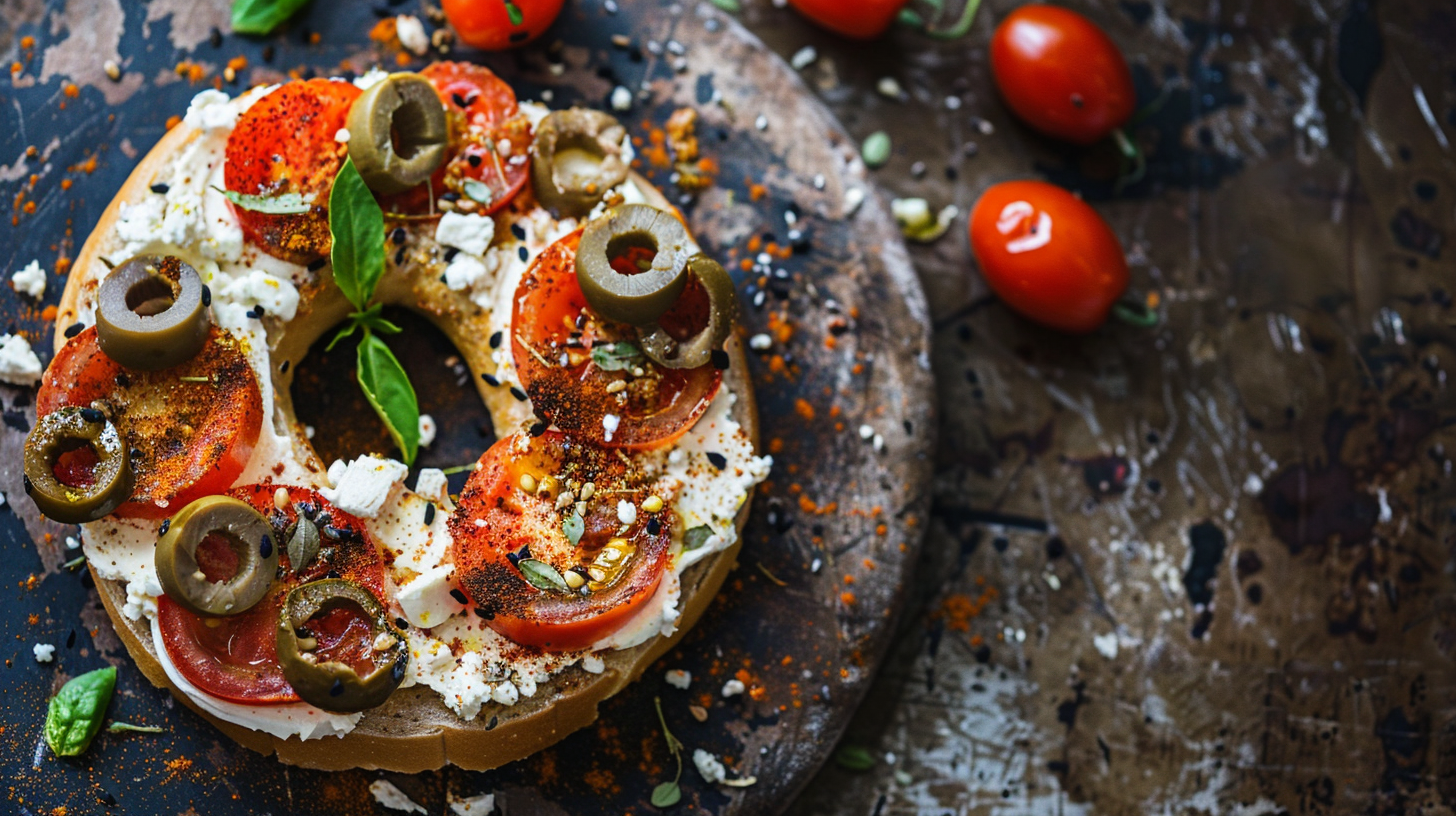 A unique and tasty bruschetta that combines the flavors of olives, za'atar, and sesame bagels, topped with fresh vegetables and optional cheeses for a delicious appetizer or snack.