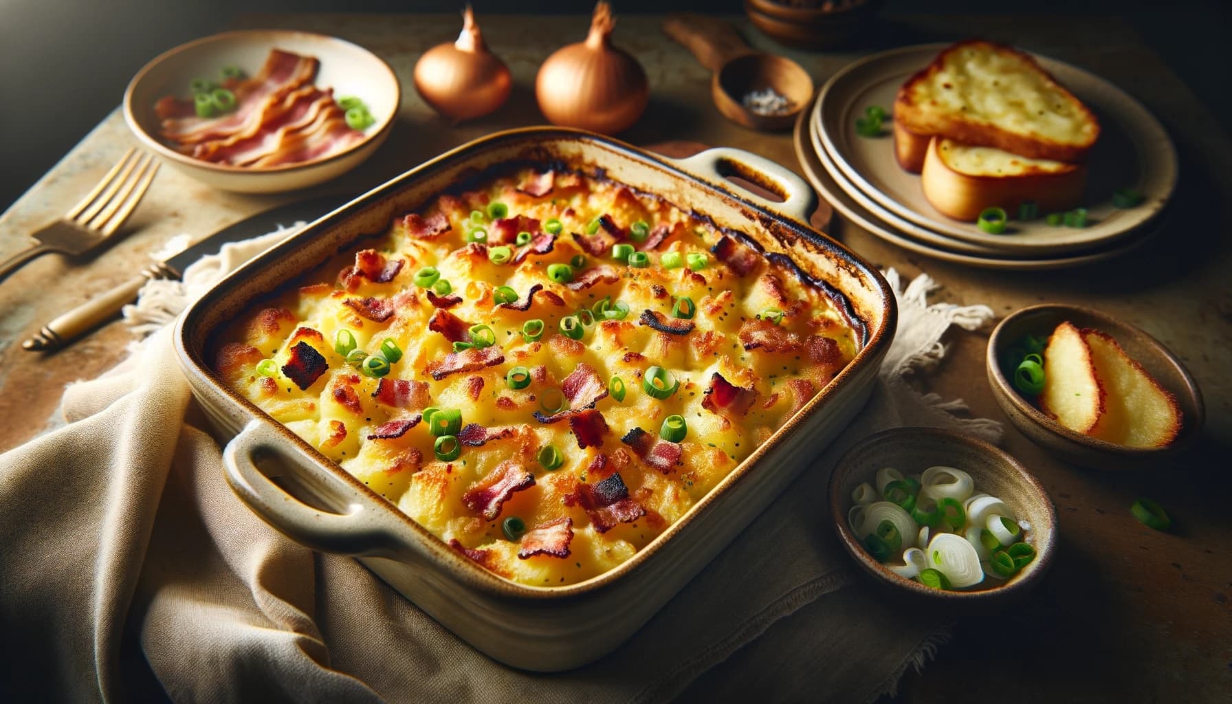 A comforting and flavorful dish featuring layers of thinly sliced potatoes and pancetta in a rich, creamy sauce, baked to perfection and topped with green onions.