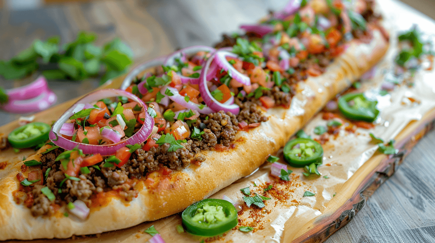 A delicious fusion of Turkish pide with Mexican-inspired toppings including ground beef, diced tomatoes, pickled red onions, and pickled jalapeños.