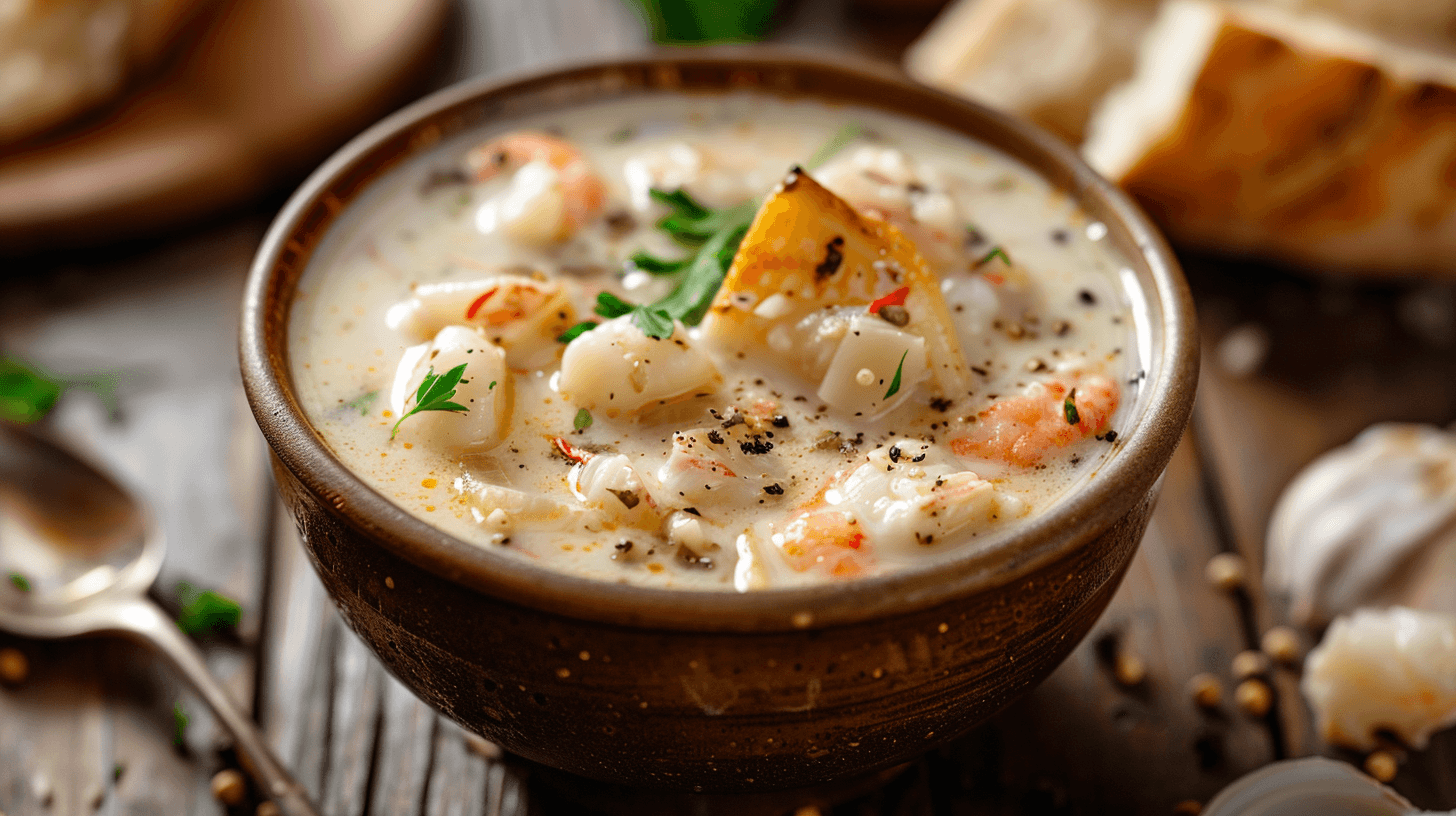 This is a delicious seafood chowder recipe that includes a variety of seafood like shrimp, clams, and crab meat, cooked with potatoes, onions, and a creamy broth. It's heartwarming and perfect for dinner.